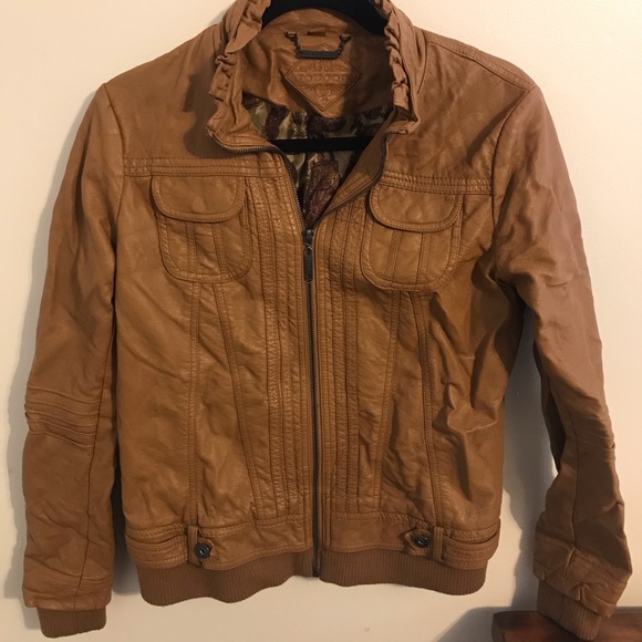 Camel Vegan Leather Jacket Ruffle Neck - Picture 8 of 8